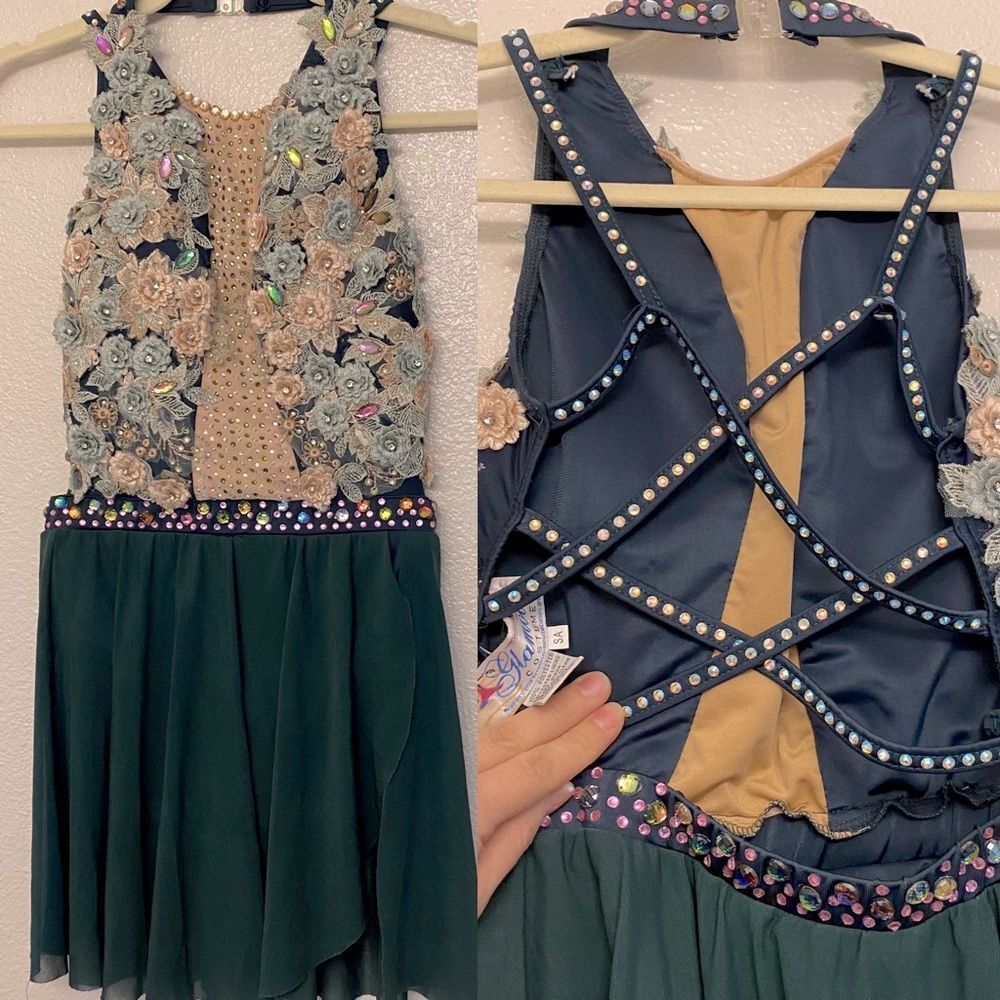 Glamour dance costume green floral embroidered rhinestone embellished adult -SA